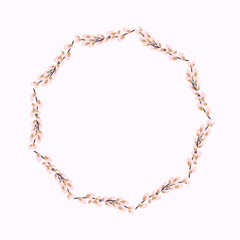 Naklejka premium Willow wreath. Round frame made of willow twigs.Easter wreath made of willow stalks.Design for postcards, printing.