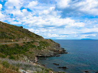 Panorama view of the rocky coastline and mediterranean sea, Cap Corse, Corsica, France. Tourism and...