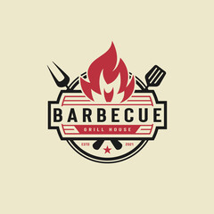 BBQ icon illustration, grill house and bar with grill, fire, fork and spatula for barbecue restaurant logo design