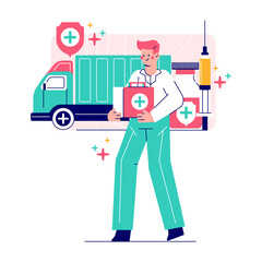 Distribution of vaccine drugs by doctors vector illustration