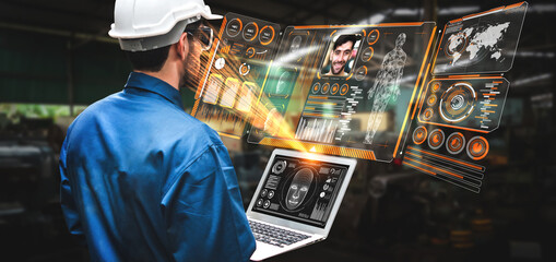 Facial recognition technology for industry worker to access machine control . Future concept interface showing digital biometric security system that analyze human face to verify personal data .