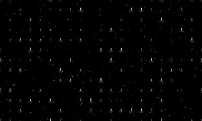 Seamless background pattern of evenly spaced white garland light bulb symbols of different sizes and opacity. Vector illustration on black background with stars