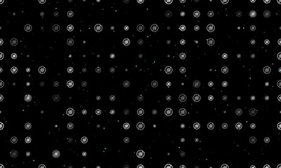 Seamless background pattern of evenly spaced white stop coronavirus symbols of different sizes and opacity. Vector illustration on black background with stars