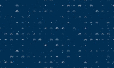 Seamless background pattern of evenly spaced white bicycle symbols of different sizes and opacity. Vector illustration on dark blue background with stars