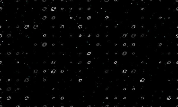 Seamless background pattern of evenly spaced white rugby symbols of different sizes and opacity. Vector illustration on black background with stars