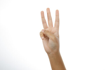 Man hand showing three sign isolated on white background