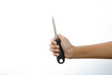 a man hand holding isolate on white backgrounda man hand holding a screw driver isolate on white background