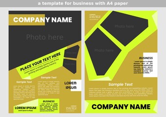 template of a business brochure. A4 size. for corporate business. simple design. several photos in one frame. light green and dark yellow colors