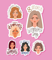 set of 8 march womens day lettering and womens heads