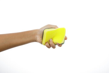 a man hand holding a yellow sponge isolate on white background