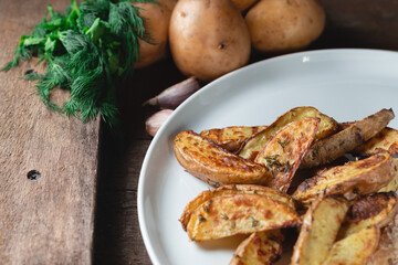 Delicious baked country potatoes in a large white plate with spices, dill and green onions, on a wooden table