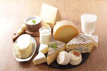 dairy products on wood background