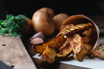 Delicious baked country potatoes with spices, dill and green onions, on a wooden table