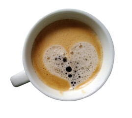 Top view of a cappuccino cup with a heart shaped foam