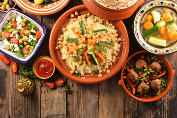 selection of moroccan dish- top view - obrazy, fototapety, plakaty