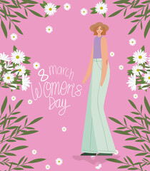 8 march womens days lettering and cute woman in hat and purple blouse