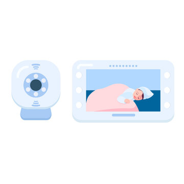 Baby monitor with camera. Baby monitor with a screen. A sleeping child on the screen. Vector illustration on a white background isolated. Flat style. Icon. A gift for the birth of a child.