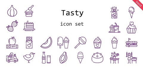 tasty icon set. line icon style. tasty related icons such as papaya, cake slice, chicken, ice cream cone, fig, popcorn, strawberry, lollipop, sauce, hot dog, cookies, apple, ice cream