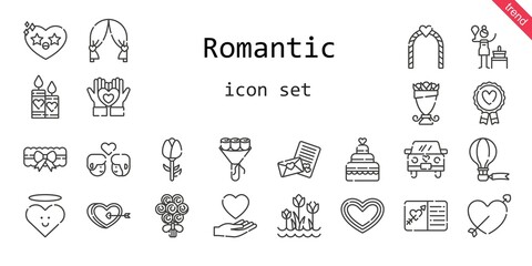 romantic icon set. line icon style. romantic related icons such as love, couple, garter, birch, bouquet, candles, favourite, heart, wedding car, cupid, hot air balloon, wedding cake, tulips
