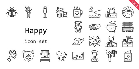 Fototapeta na wymiar happy icon set. line icon style. happy related icons such as gift, snail, shower, sofa, father and son, garland, bench, turtle, ladybug, drink, champagne glass, squirrel, 