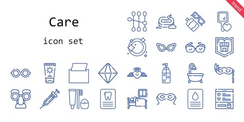 care icon set. line icon style. care related icons such as sun lotion, shield, minerals, eye mask, wishlist, toothbrush, heart, dentist, hand mirror, cotton swab, sleep, glasses