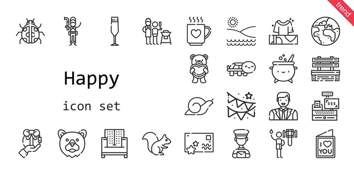 happy icon set. line icon style. happy related icons such as gift, snail, shower, sofa, father and son, garland, bench, turtle, ladybug, drink, champagne glass, squirrel, 