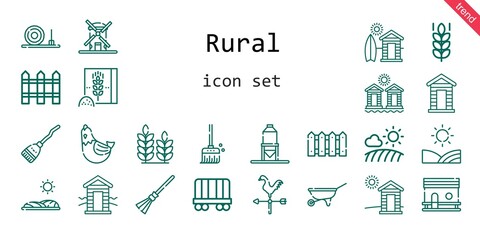 rural icon set. line icon style. rural related icons such as wheelbarrow, wagon, broom, windmill, cabin, silo, hen, chicken coop, field, straw bale, wheat flour, wheat, fence, weathercock, cabins,