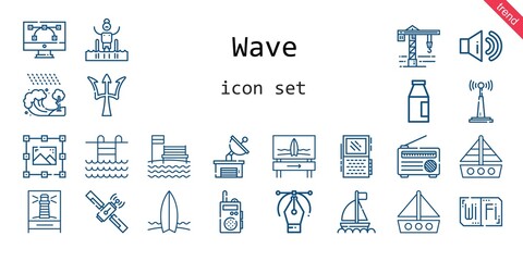 wave icon set. line icon style. wave related icons such as antenna, crane, wifi, lighthouse, surfboard, sound, pool, milk, graphic design, satellite dish, boat, radio, voice 