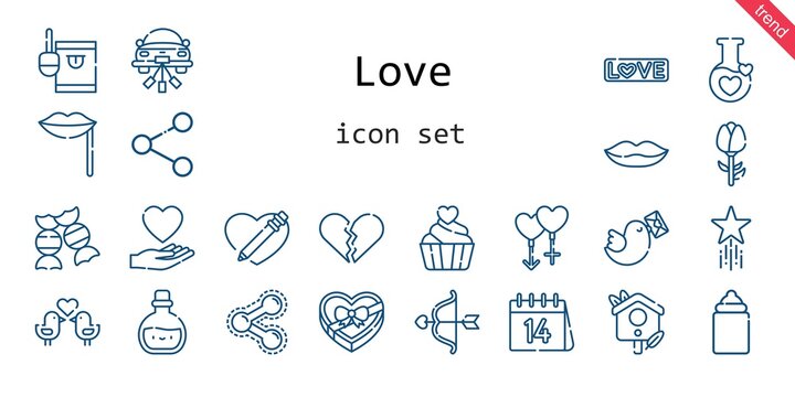 love icon set. line icon style. love related icons such as pigeon, love, couple, potion, candy, feeder, broken heart, heart, cupid, wedding car, lips, love birds, bird house, chocolate box, 