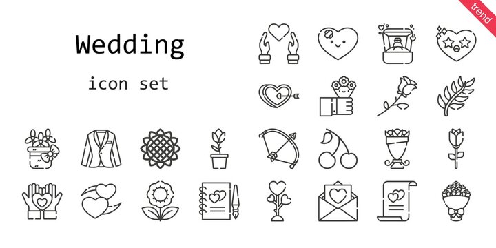 wedding icon set. line icon style. wedding related icons such as love, cherry, flowers, ring, bouquet, bow, tulip, branch, heart, sunflower, flower, guests book, marriage, love letter, rose, suit,