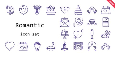 romantic icon set. line icon style. romantic related icons such as love, wedding day, bouquet, wedding video, kiss, heart, swans, champagne glass, cupid, wedding planning, wedding 