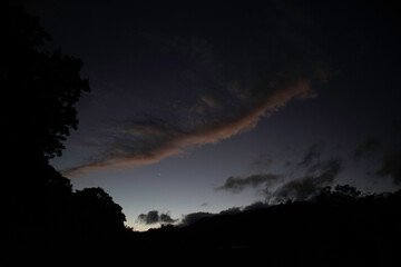 
trees, sky, clouds, mountain, night