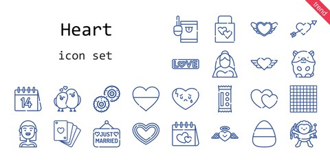 heart icon set. line icon style. heart related icons such as bride, love, just married, candy, wedding gift, hamster, poker, broken heart, heart, cupid, love birds, tic tac 