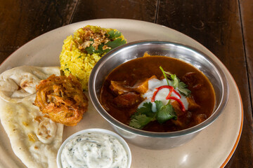 Madras Curry with Pilaf Rice and Naan Bread