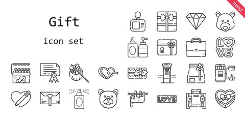 gift icon set. line icon style. gift related icons such as love, gift, online shopping, gift card, briefcase, certificate, store, perfume, sloth, heart, diamond, mailbox