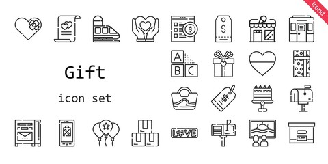 gift icon set. line icon style. gift related icons such as gift, love, balloon, canvas, bag, box, store, heart, mobile shopping, online shop, mailbox, cake