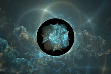 Abstract fractal wallpaper for big data technology. Magic fantasy space world picture with lights on coral structure with black hole. 3D computer generated image. Digital fractal art. Quantum physics.