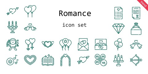 romance icon set. line icon style. romance related icons such as wedding ring, couple, balloon, engagement ring, balloons, petals, heart, cupid, wedding planning, diamond, romantic music