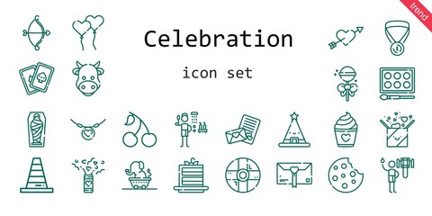 celebration icon set. line icon style. celebration related icons such as gift, cake slice, shower, cherry, confetti, cards, cookie, mummy, cow, lollipop, necklace, cone, cupid