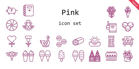 pink icon set. line icon style. pink related icons such as candy, piggy bank, donuts, swan, bouquet, lollipop, popsicle, swans, flower, wedding car, ice cream, cake, sunset, sweet, notebook,