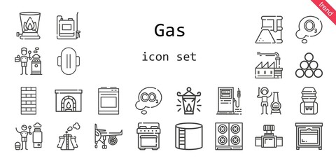 gas icon set. line icon style. gas related icons such as factory, chimney, water tank, oven, sprayer, compress, fuel, co2, heater, industry, gas station, pollution, ozone, engine, industry tank