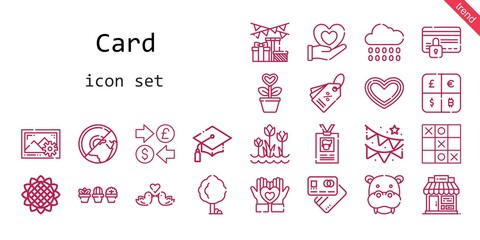 card icon set. line icon style. card related icons such as gift, rain, images, garland, shop, tree, sunflower, heart, hippopotamus, id card, debit card, tulips, love birds, graduation