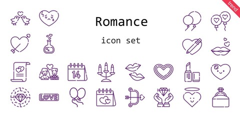 romance icon set. line icon style. romance related icons such as love, balloon, engagement ring, balloons, broken heart, lipstick, kiss, heart, love potion, cupid, diamond, love birds, candelabra