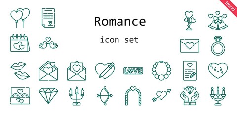 romance icon set. line icon style. romance related icons such as love, wedding ring, engagement ring, balloons, broken heart, necklace, kiss, wedding bells, heart, cupid, diamond, wedding arch
