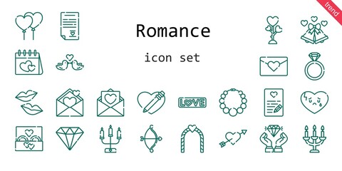 romance icon set. line icon style. romance related icons such as love, wedding ring, engagement ring, balloons, broken heart, necklace, kiss, wedding bells, heart, cupid, diamond, wedding arch