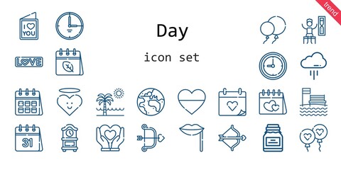 day icon set. line icon style. day related icons such as calendar, love, balloon, balloons, wedding day, clock, conserve, heart, cloud, cupid, timer, lips, planet earth, beach, love letter