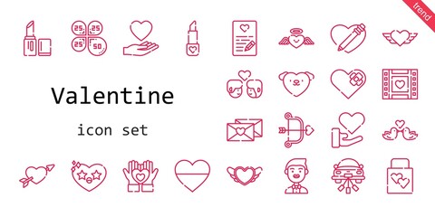 valentine icon set. line icon style. valentine related icons such as cupid, love, wedding car, groom, couple, love birds, wedding gift, love letter, wedding video, lipstick, petals, heart,