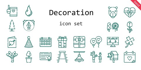 decoration icon set. line icon style. decoration related icons such as gift, calendar, stool, birdhouse, balloon, candy, father, clover, wedding day, tree, lamp, palm tree, pear, party hat