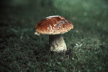Aspen mushroom on a green meadow. Raindrops are dripping from above.