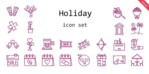 holiday icon set. line icon style. holiday related icons such as gift, calendar, love, new, flippers, clover, cabin, bouquet, box, picnic, tulip, garlands, cupid, palm tree, sale, in love, love 
